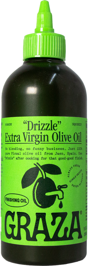Bottle of Graza extra virgin olive oil with a green cap and label on a white background